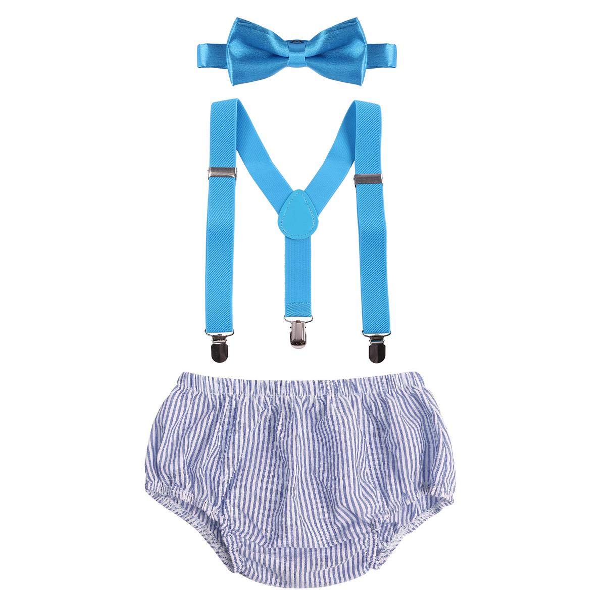 FYMNSI Baby Boy 1st 2nd Birthday Cake Smash Outfit Bow Tie Y-Back Suspenders Bloomer Diaper Cover Shorts Pants 3pcs Clothes Set Photography Costume Blue Striped