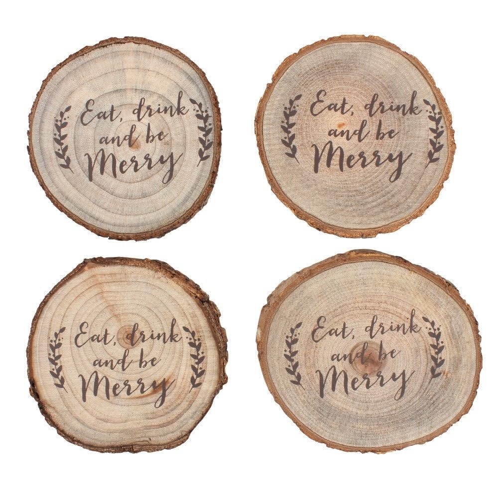 Rustic Brown Wood Christmas Log Slice Coaster Set - 1.2cm x 9.5cm (Pack of 4) - Christmas-Themed Drink Holders - Premium Quality & Unique Design - Perfect for Festive Gatherings