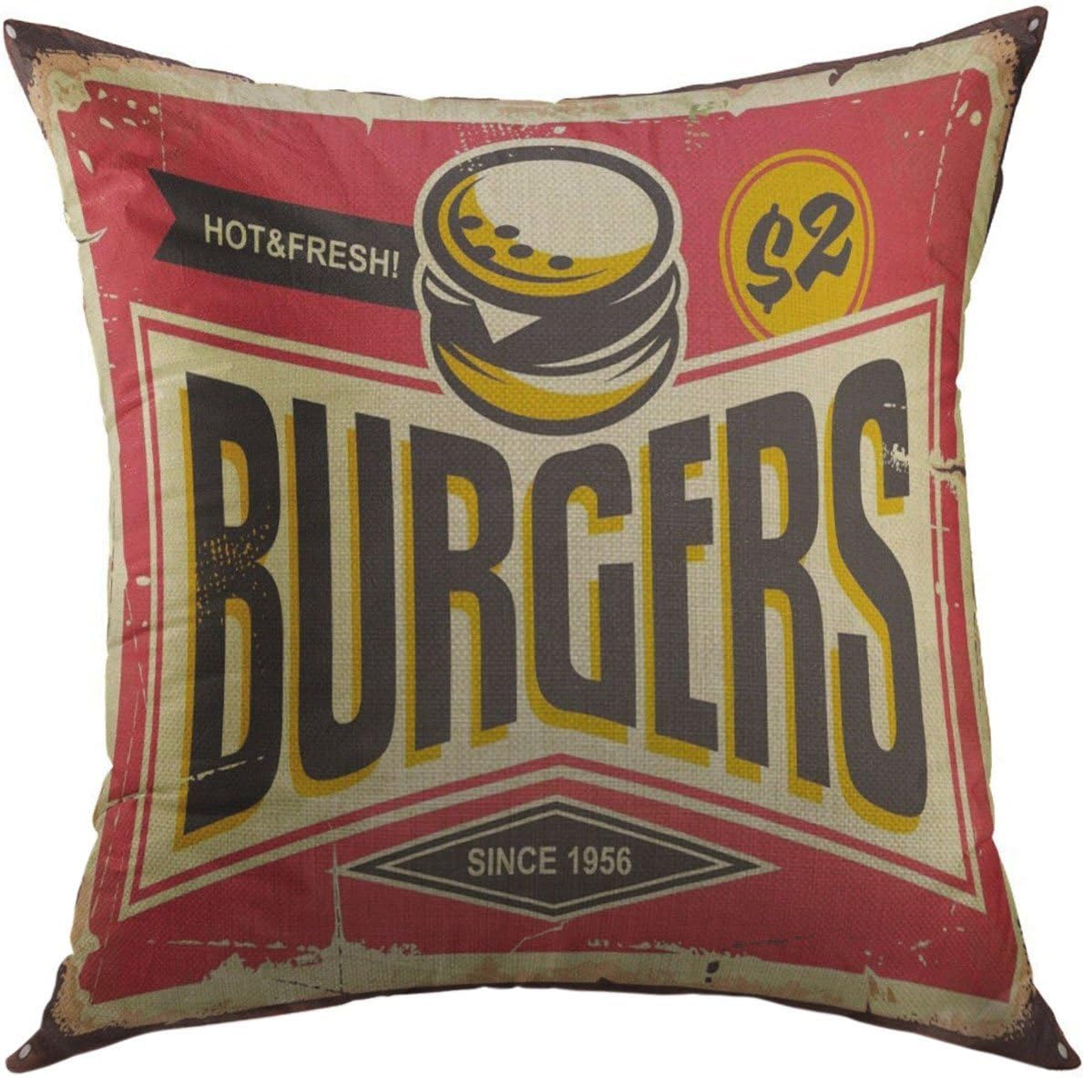 Mugod Pillow Cover Burgers Vintage Tin Sign with Creative Typo Fast Food Restaurant Promotional Retro Board Home Decorative Throw Pillow Cushion Cover 16x16 Inch Pillowcase