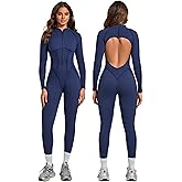 ABOCIW Womens Zipper Long Long Sleeve Workout Jumpsuit Contouring Seams Backless Bodysuit Yoga Rompers Catsuit