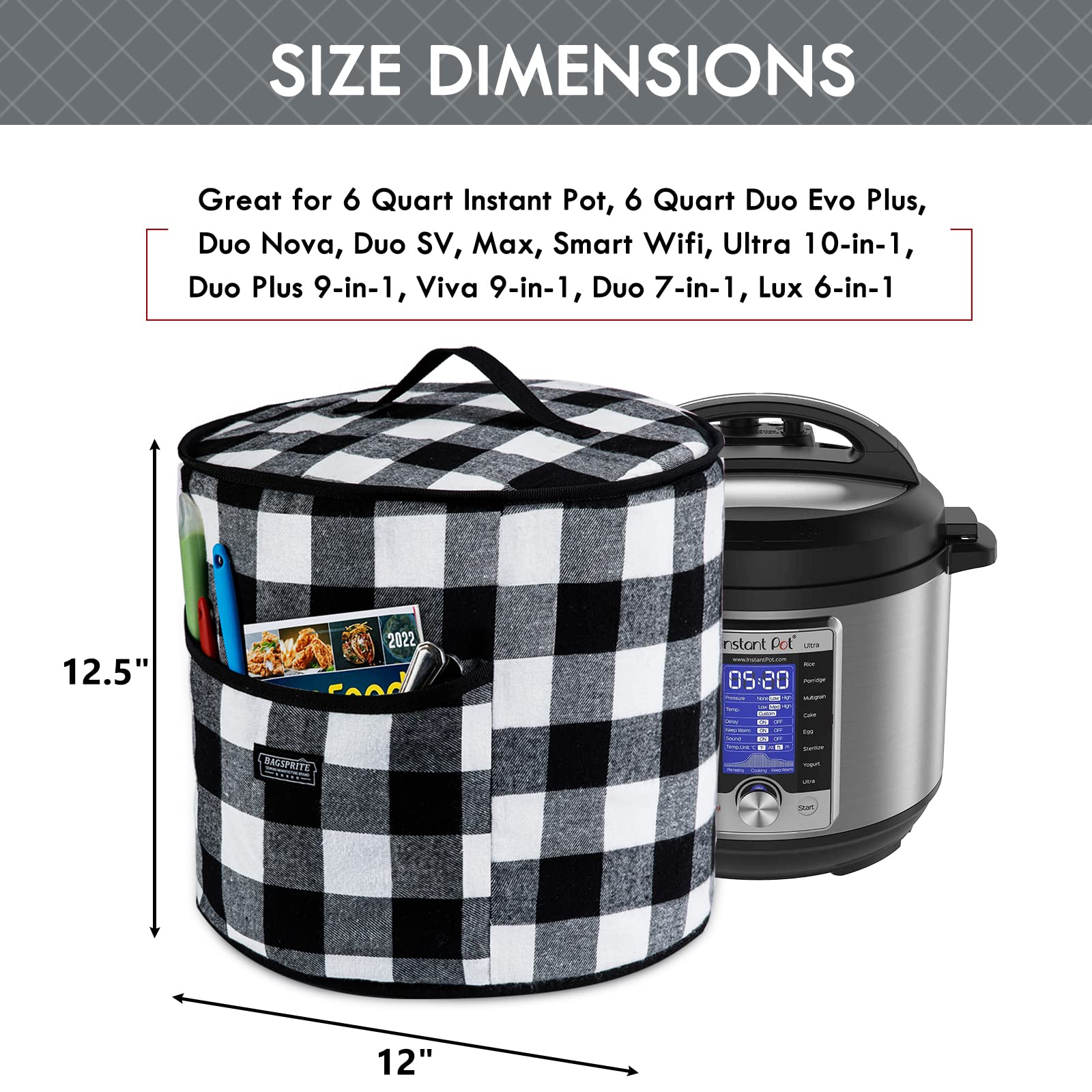 BAGSPRITE Dust Protection for Instant Pot 6 Quart Device Covers - Insulated Pressure Cooker Cover with Pockets for Kitchen Instant Pot Accessories - Instant Cover Buffalo Check