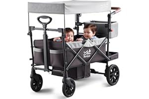 ROVIQUE Stroller Wagon for Kids, Premium 2 Seater Kids Wagon Stroller with Removable Canopy, Safety Harness, Adjustable Handlebar & Storage Organizer, All-Terrain Foldable Baby Wagon for Outdoors