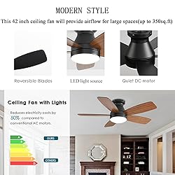 JSAITEE Ceiling Fans with Lights, 42 Inch Low
