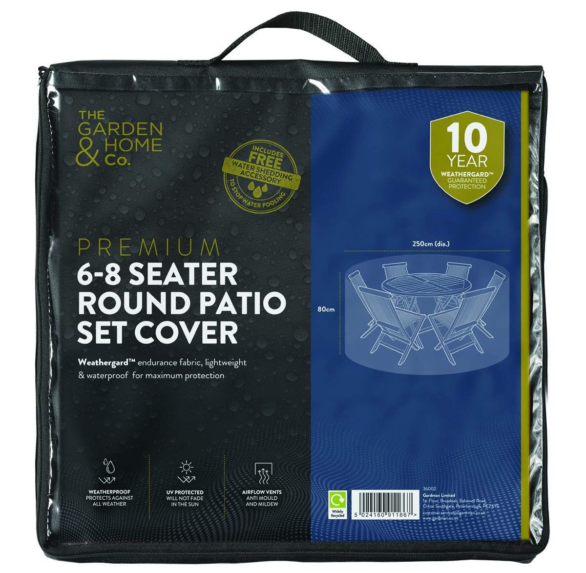 The Garden & Home Co Premium 6-8 Seater Round Patio Set Cover, 250cm dia, In Green from The Garden & Home Company INT ltd, fully weather resistant, UV protected, garden furniture, one size, 37002