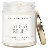 Sweet Water Decor Stress Relief Soy Candle - Lemon, Eucalyptus, Mint, Jasmine Scented Relaxing Candles for Home - 9oz Clear Jar + Gold Lid, 40+ Hour Burn Time, Made in The USA
