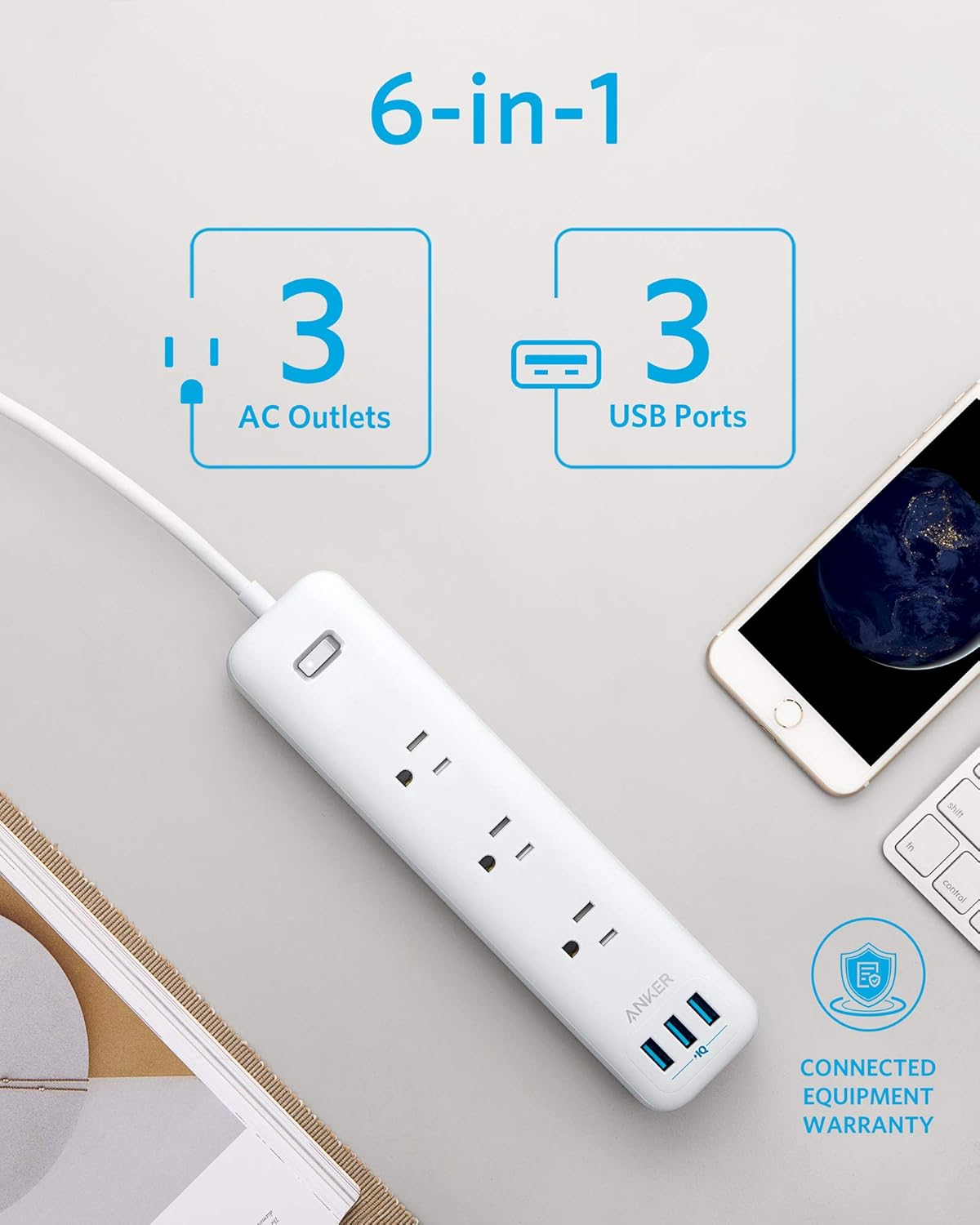 Anker Power Strip with USB, 3-Outlet & 3 PowerIQ USB Power Strip, PowerPort Strip 3 with 5 Foot Long Extension Cord, Flat Plug, Safety Shutter, for Home, Office: Electronics