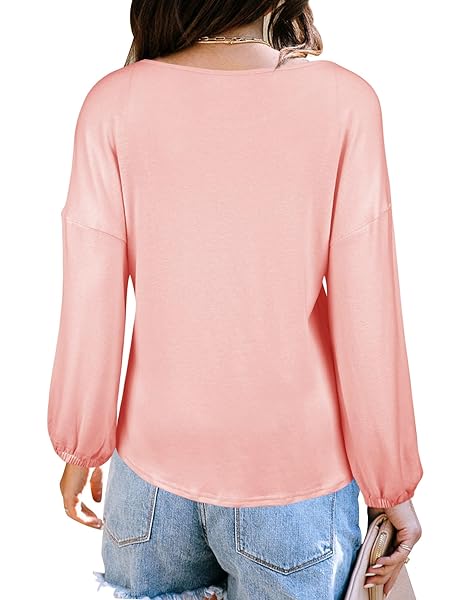 MINTHUNTER WOMEN’S LONG PUFF SLEEVE SCOOP NECK TOP CASUAL LANTERN SLEEVE LOOSE FIT BLOUSE T SHIRTS PINK