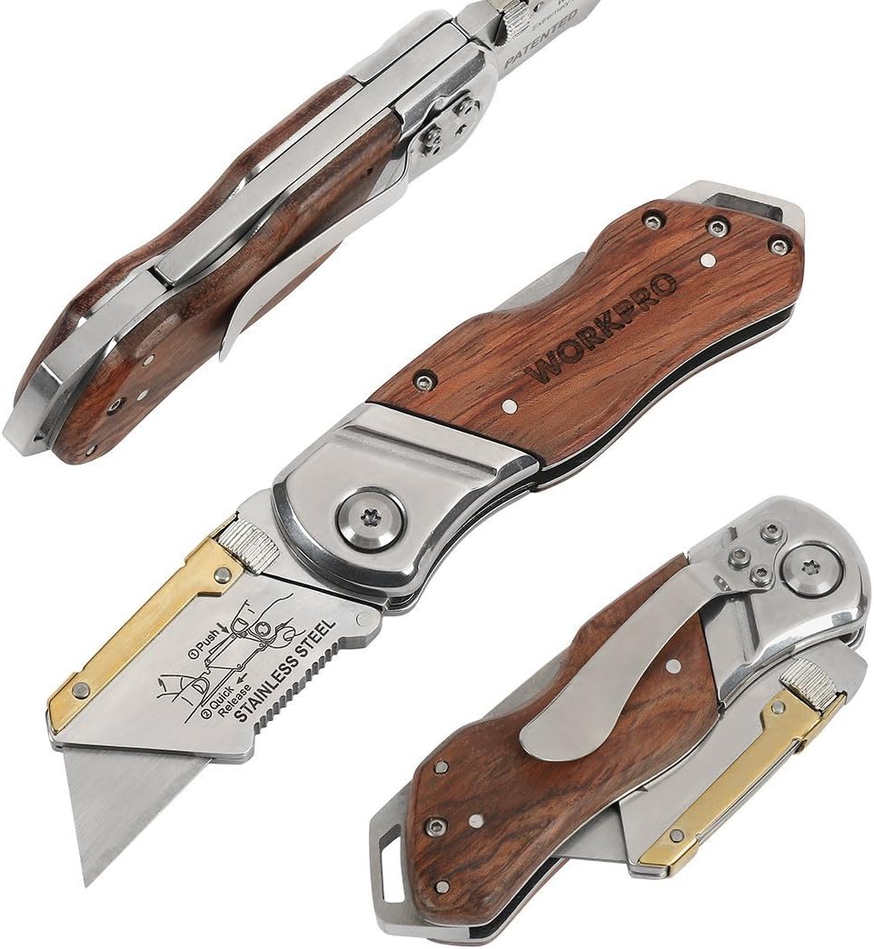 WORKPRO Folding Utility Knife Wood Handle Heavy Duty Cutter with Extra 10-piece Blade: Kitchen & Dining