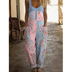 Women's Floral Paisley Print Denim Patchwork Jumpsuit, Loose Wide Leg Overalls with Pockets