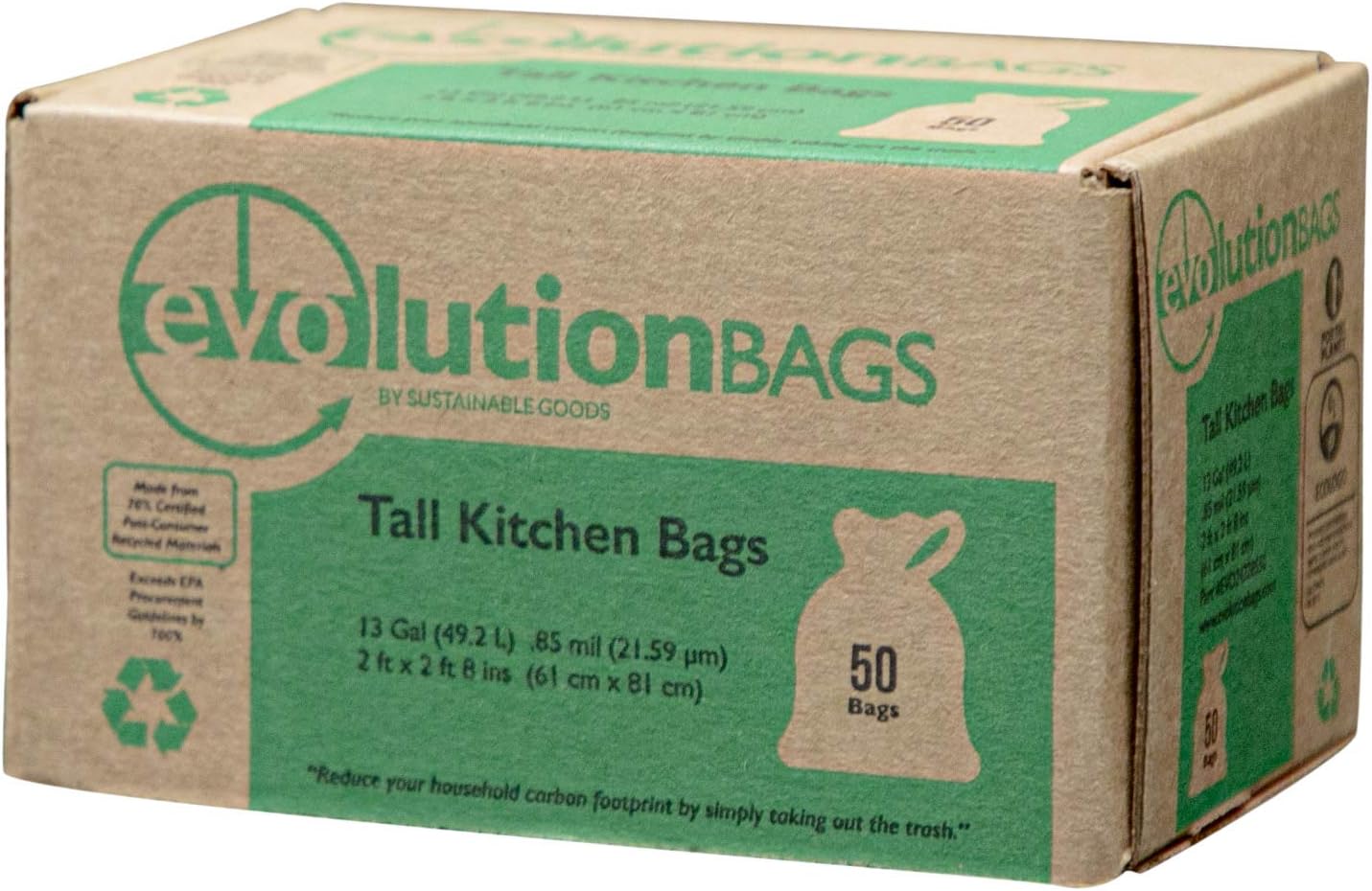 Evolution Trash Bags: Tall Kitchen Trash Bag, 50 bags/box, made with 70% CERTIFIED PCR material