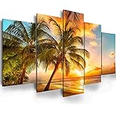Golden Seascape Ocean Beach Wall Art Cozy Sea Artwork Modern Ocean Sunset Sea Beach Canvas Prints Pictures Paintings on Canvas Wall Art for Home Decor 5 Panels Gallery Wrapped Tropical Scenery