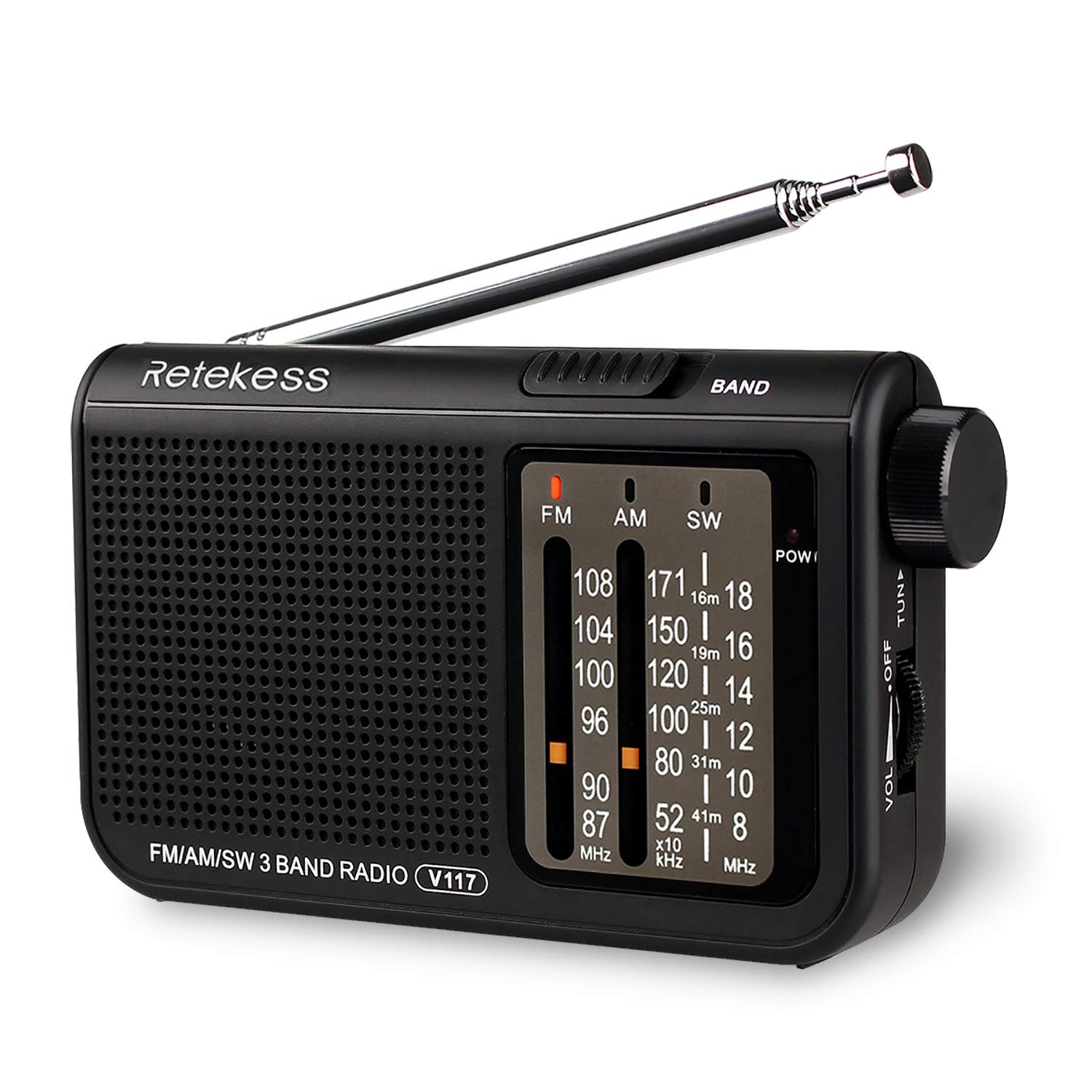 Retekess V117 Analog AM FM Radio, Transistor Shortwave Radio Powered by AA Battery, with Large Knobs and Clear Dial, Ideal for Indoor and Senior (Black)