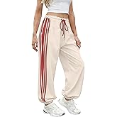 Hongsui Women's Baggy Side Striped Pants Color Block Jogger Pants High Waist Drawstring Harem Pants with Pockets