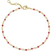 MEVECCO Dainty Gold Beads Bracelets,18K Gold Plated Handmade Cute Rose Red Zircon Bead Chain Minimalist Bracelet for Women Jewelry Gifts