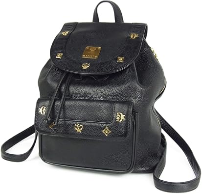 Amazon Co Jp エムシーエム Mcm ヴィンテージ ロゴ スタッズ プレート レザー 巾着 リュックサック バックパック バッグ ブラック esam 中古 シューズ バッグ