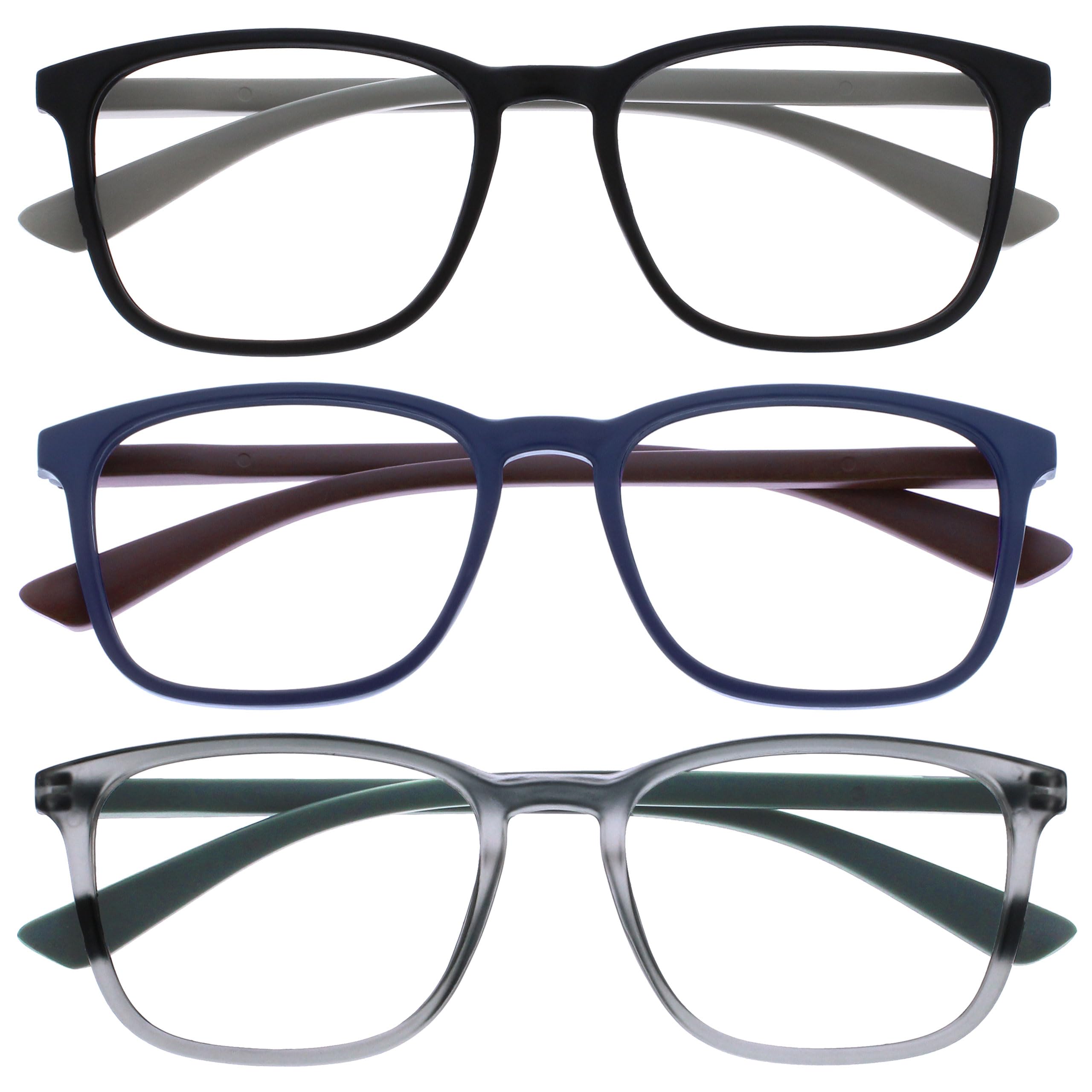 OPULIZE Max Reading Glasses 3 Pack - Classic Large Rectangular Frame - Matt Black Blue Grey - Men's Women's Unisex - Spring Hinges - RRR78-137 - +1.50