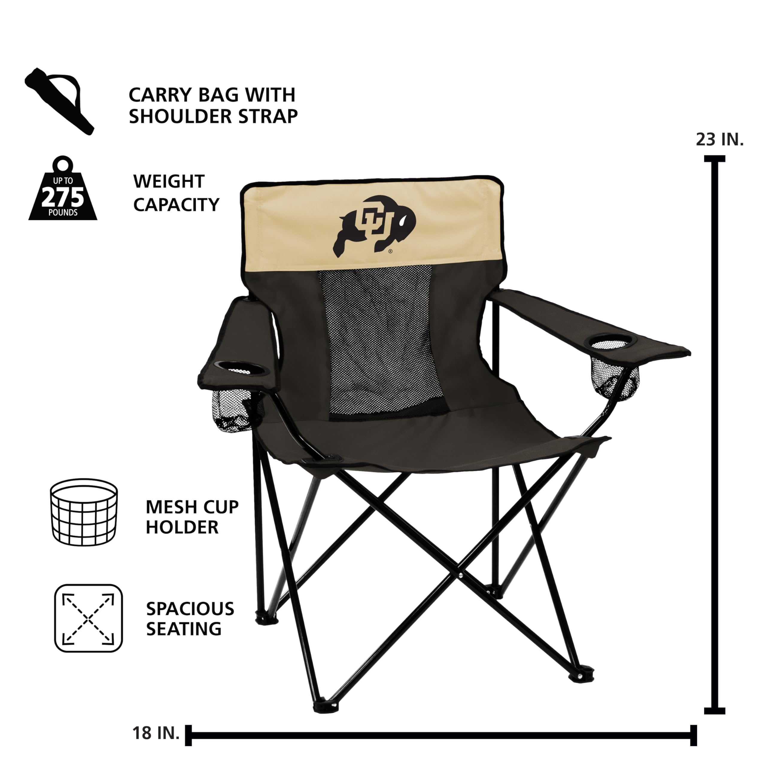 Logo Brands NCAA Colorado Buffaloes Elite Portable Chair - Premium Outdoor Chair with Cup Holder, Powder-Coated Steel Frame, Lightweight and Portable for Tailgating,and Sporting Events