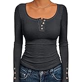 Kissfix Long Sleeve Shirts for Women Fall Winter Henley Tops Business Casual Ribbed Blouses Date Night Trendy Outfits