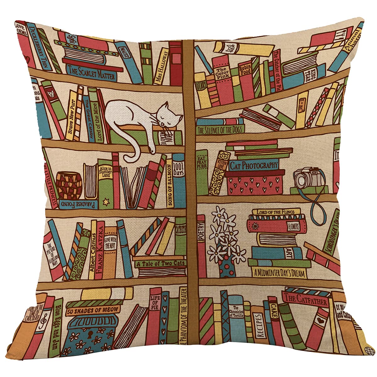CANSEGO Cat Book Cushion Covers Cartoon Library Bookshelf with Cute Sleeping Kitten Square Pillowcases Cotton Linen Throw Pillow for Women Men Boys Girls Bed 18x18 Inch Multi-a21