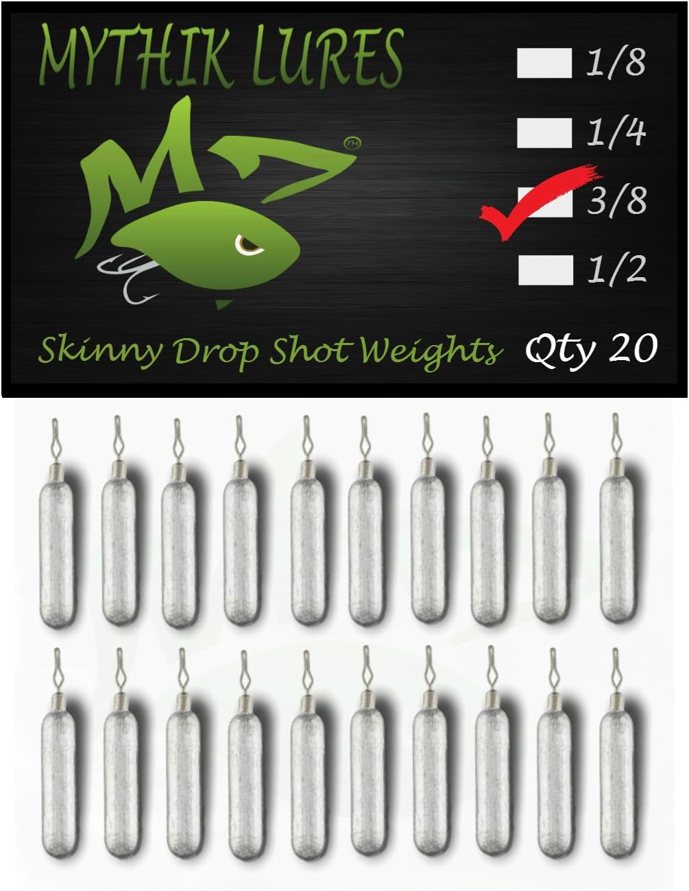 Mythik Lures 20 Pack - Skinny Lead Drop Shot Fishing Weights Sinkers Multiple Sizes 1/8 1/4 3/8 1/2 3/4 1 for Bass Trout Crappie Catfish