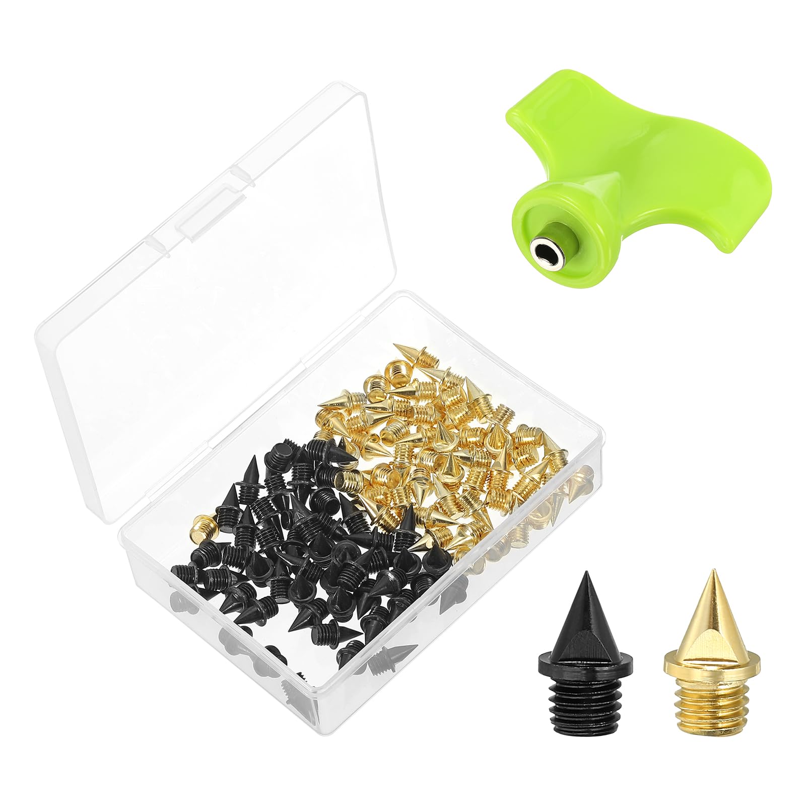 PATIKIL 1/4 Inch Steel Track Spikes, 100 Pack Sports Shoes Spikes Replacement Accessories with Spike Wrench for Long Jumping Running, Black Gold