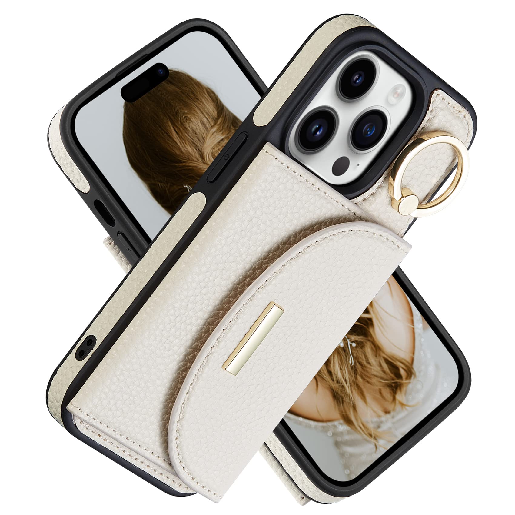 Keallce Case for iPhone 14 Pro, Stand Ring Holder Kickstand, Flip Leather Wallet Casewith Card Holder, Protective Folio Phone Cover for Women Ladies Compatible with iPhone 14 Pro, 6.1 Inch Beige