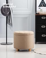 HNNHOME 45cm Round Linen Padded Seat Ottoman Storage Stool Beige view 2