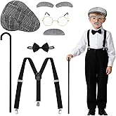 Hlimior Halloween Boys Old Man Costume, 100 Days of School Costume Funny Aging Cosplay Grandpa Outfit Accessories Set-Include Glasses, Hat, Cane, Bow Tie, Suspenders, Eyebrows & Mustache