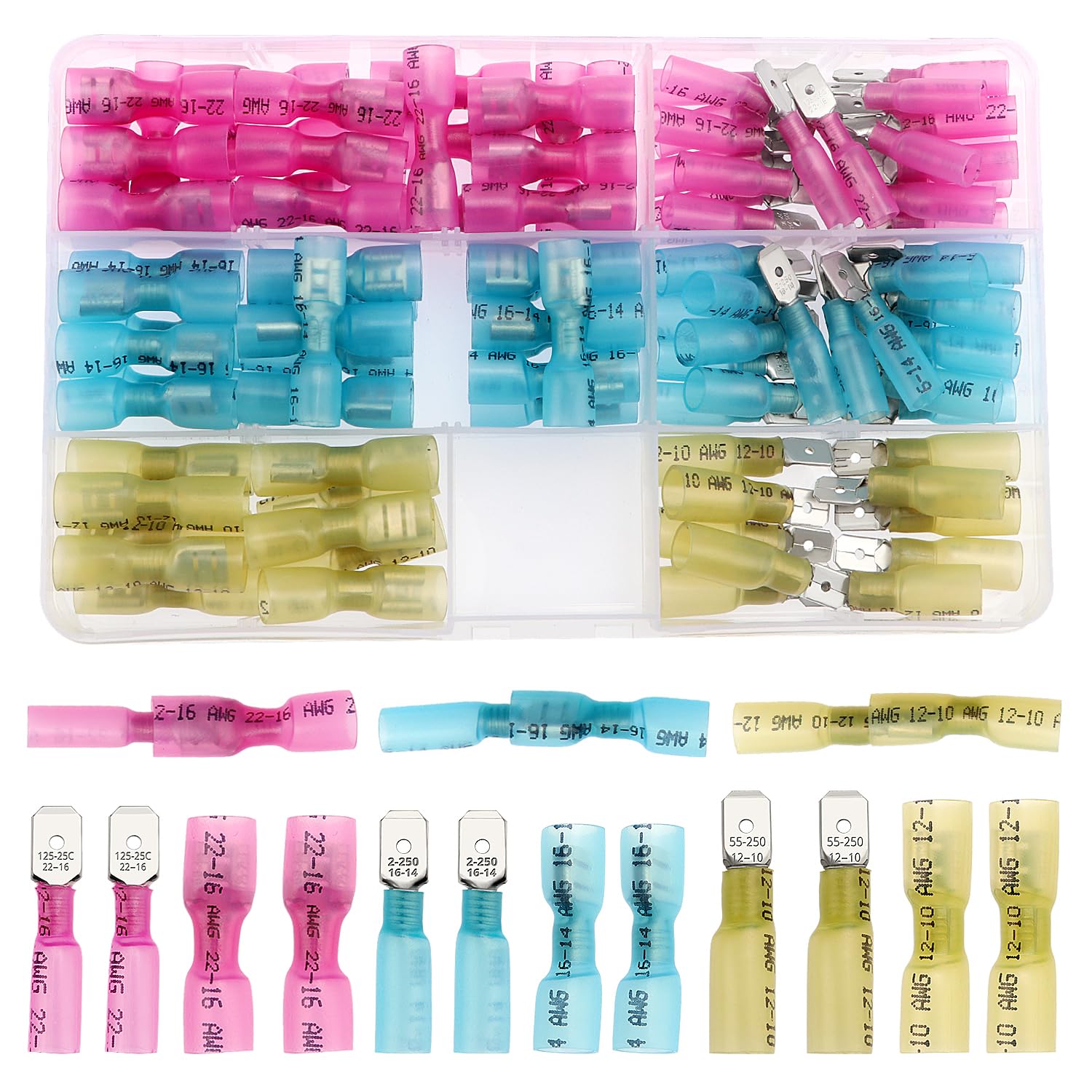 YIXISI 100 PCS Heat Shrink Wire Connectors Kit, Marine Grade Electrical Connectors, Waterproof Heat Shrink Female/Male Spade Terminals, 22-10 AWG