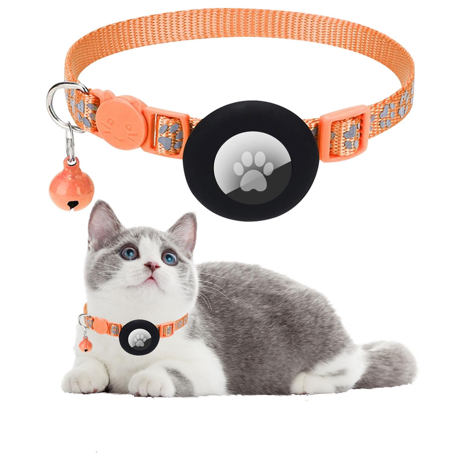Ledeak Cat Collar with Air Tag Holder, Reflective Lightweight Airtag Cat Collar with Bell and Safety Buckle, Adjustable Quick Release Personalised Kitten Collar for Boy and Girl Cat (Orange)