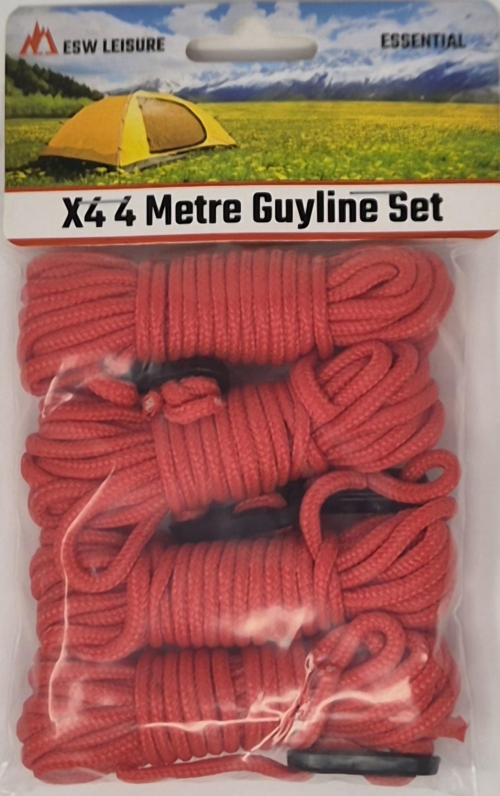 ESW LEISURE Guyline Ropes 4 Pack For Tents Awning Camping Strong Lightweight Paracord Guy Rope With Tensioner Guy Lines Fishing Umbrella Shelter Bivvy Caravan Gazebo Tarp (Red, 4 Metre XL 4 Pack)