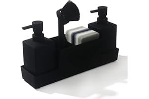 YAUKPH Kitchen Soap Dispenser with Sponge Holder Set for Sink Caddy, Hand Soap and Dish Soap Dispenser with Brush Matte Black