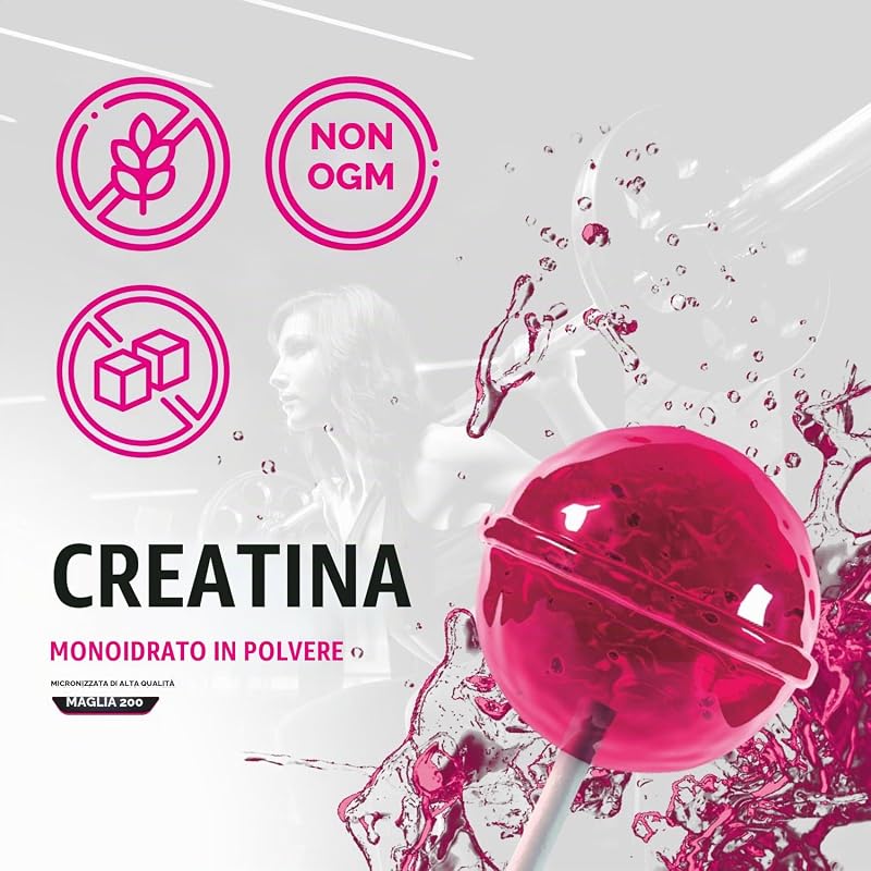 Creatina Monoidrato Micronizzata in Polvere 500 g, 125 Dosi | 100% Creatina Monoidrato | Gusto Lollipop | Alta Solubilità, Misurino Incluso