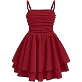 EXARUS Girls Dress Teen Ruched Layered Ruffle Swing Flowy Spaghetti Strap Summer Easter Dance Tween Dresses 8-14Y