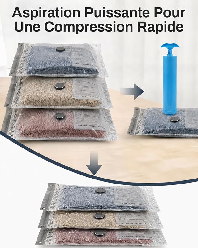 Sac sous Vide Vetement Aspirateur avec Pompe Manuelle, 4 Sac de Rangement sous (4 * 50x40cm), Vide Voyage, Déménagement