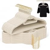 Limogoo Ivory Velvet Hangers 50 Pack with Stackable Cascading Gloden Hook | Felt Covered Non Slip Fabric, Ultra Thin and Space Saving with 360&deg; Swivel Neck, 15Lbs Capacity for Clothes, Suit, Shirt