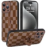 SOKAD for iPhone 15 Pro Case with Finger Strap Kickstand, Cute Checkered Checkerboard Phone Case with Finger Hand for Women Men, Slim Full Camera Protection Shockproof Case Cover, Brown