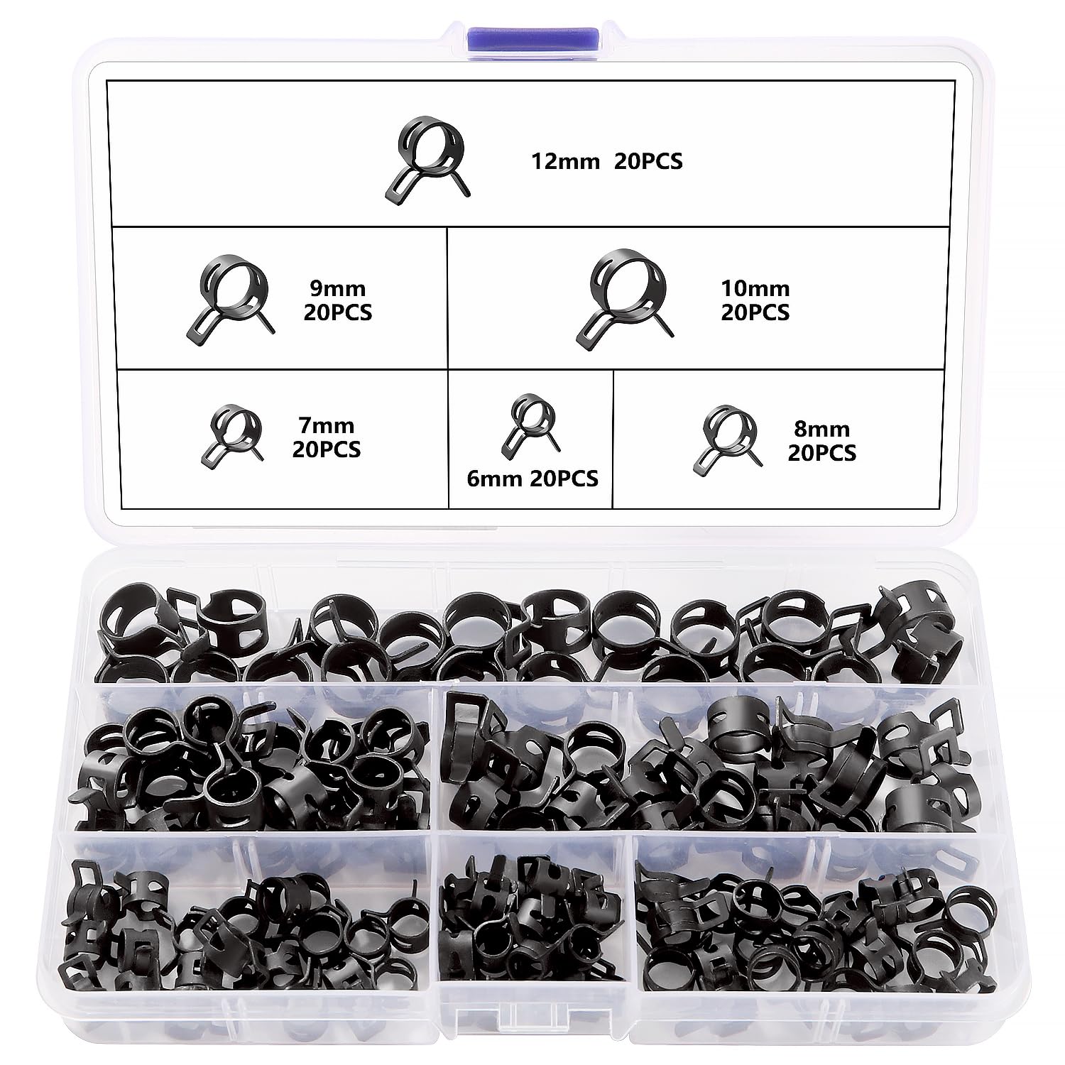 YIXISI 120pcs 6/7/8/9/10/12mm Spring Clip Hose Clamps, Spring Clamps, Hose Spring Clips, Hose Clamps Spring Clamps, Black
