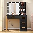 FIONESO Makeup Vanity Desk with Mirror & Lights, Vanity Desk with 4 Drawers & Charging Station, Dressing Vanity Table with Open Storage Shelves, 3 Color Modes, Vanity Table for Bedroom, Black