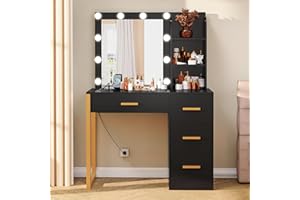 FIONESO Vanity Makeup Desk with Mirror & Power Outlet, 10 Lights, 4 Drawers, 3 Storage Shelves, 3 Color Modes & Adjustable Brightness Dressing Table, 35.4”Desk