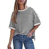 Dokotoo Summer Tops for Women 2026 Loose Oversized T Shirts Crewneck Color Block Side Slits Basic Tee Blouses