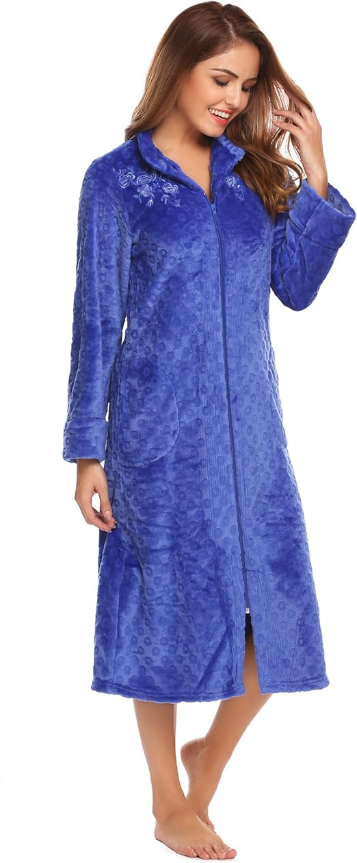 L'amore Women's Long Sleeve Flannel Robe Zip Front Textured Robe Warm