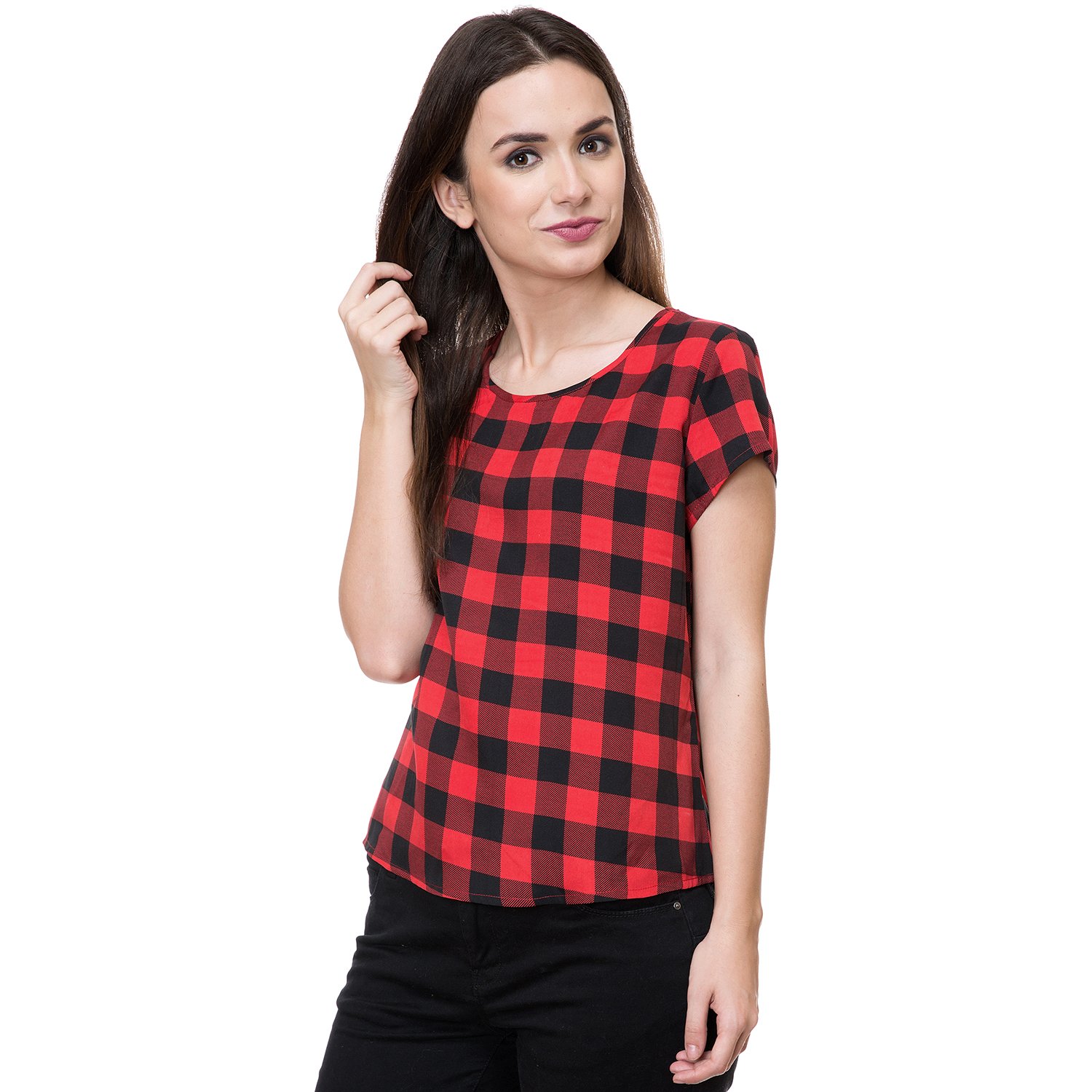 deewa red & black polycrepe round neck casual tops for women