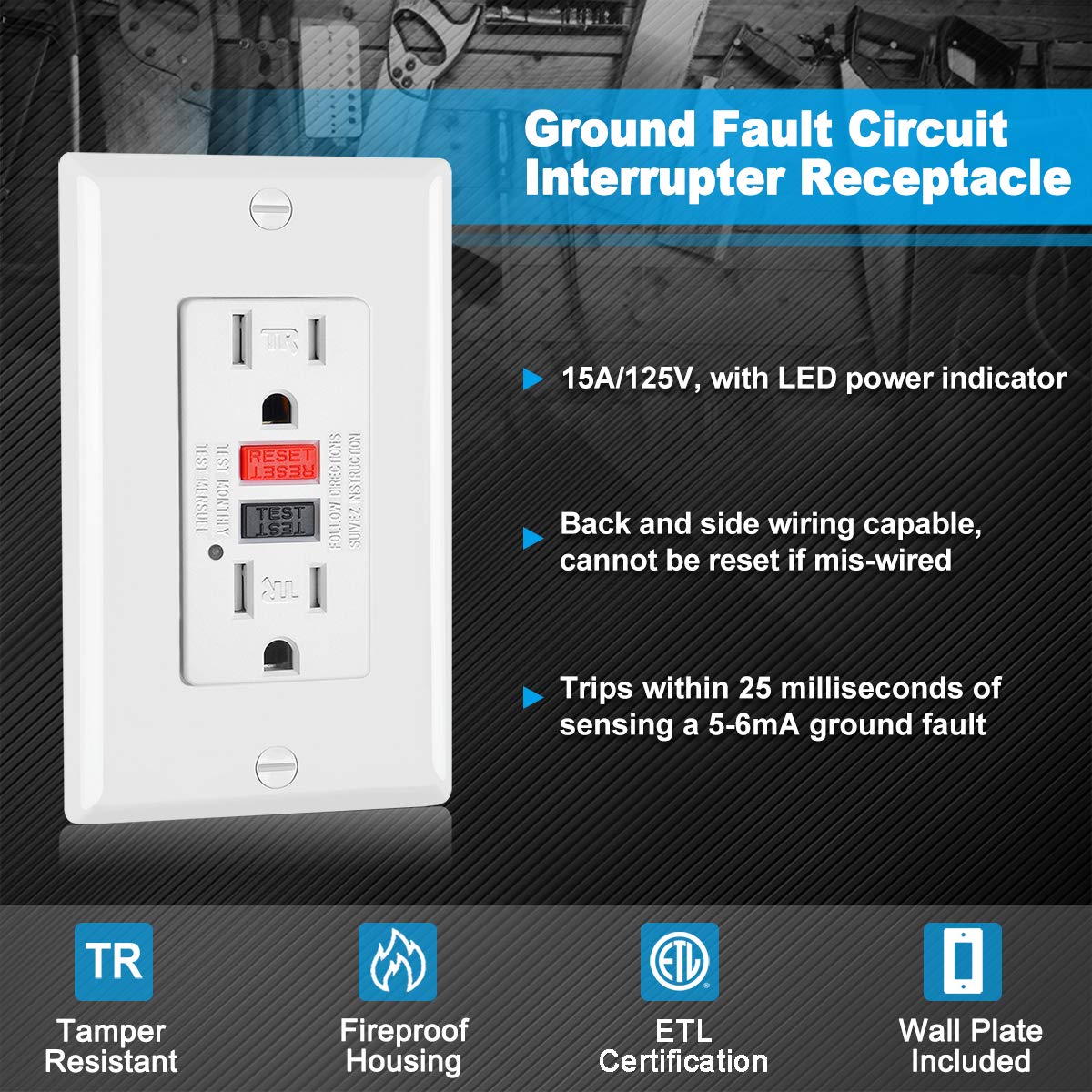 (10 Pack) UNIELE GFCI Receptacle Outlet, 15A/125V, Tamper-Resistant(TR) Ground Fault Circuit Interrupter Outlets with LED Indicator, Wallplate Included, White: Industrial & Scientific