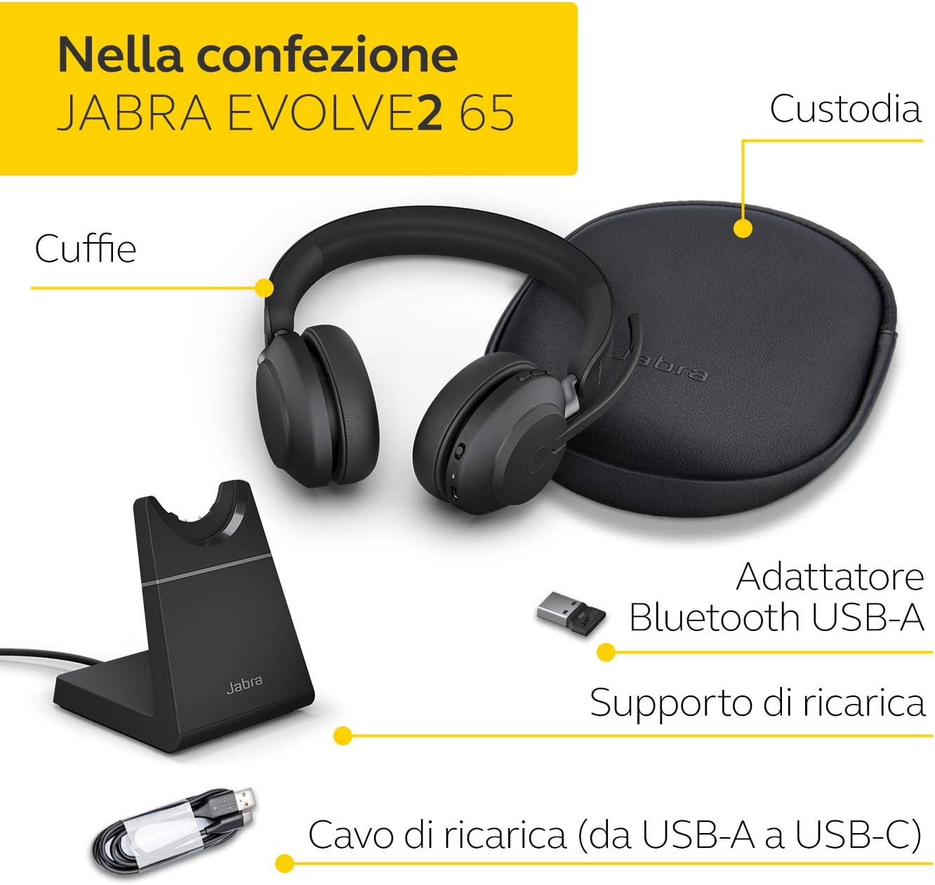 Jabra Evolve2 65 Cuffie Wireless con Supporto di Ricarica Adattatore  Bluetooth USB-C Cuffie Certificate UC con Batteria a Lunga Durata Nero  Accessori Accessori per audio e video berjaya.edu.my