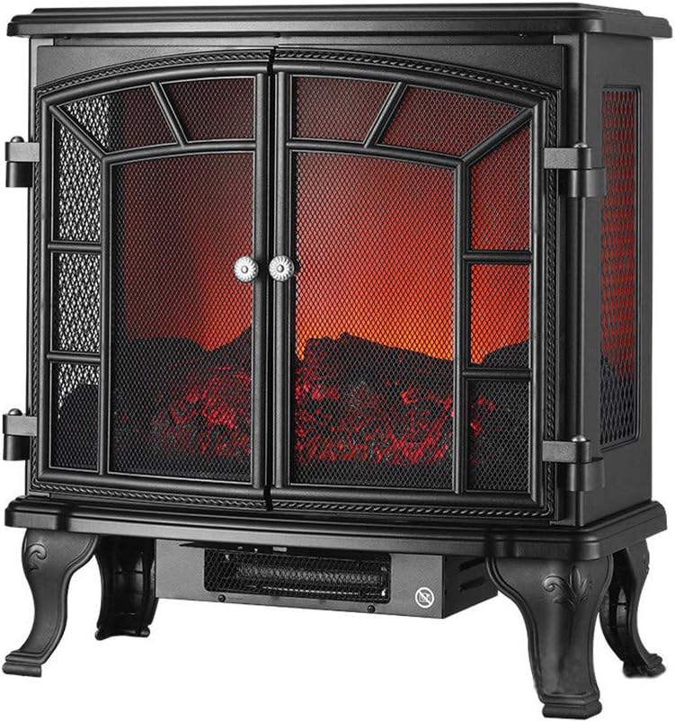 Freestanding Fireplace with Double Open Door, Infrared Electric Fireplace Stove Heater with 3D Flame Effect, W/Remote and Button, Overheat Protection, 1000W/2000W, Black Metal Frame