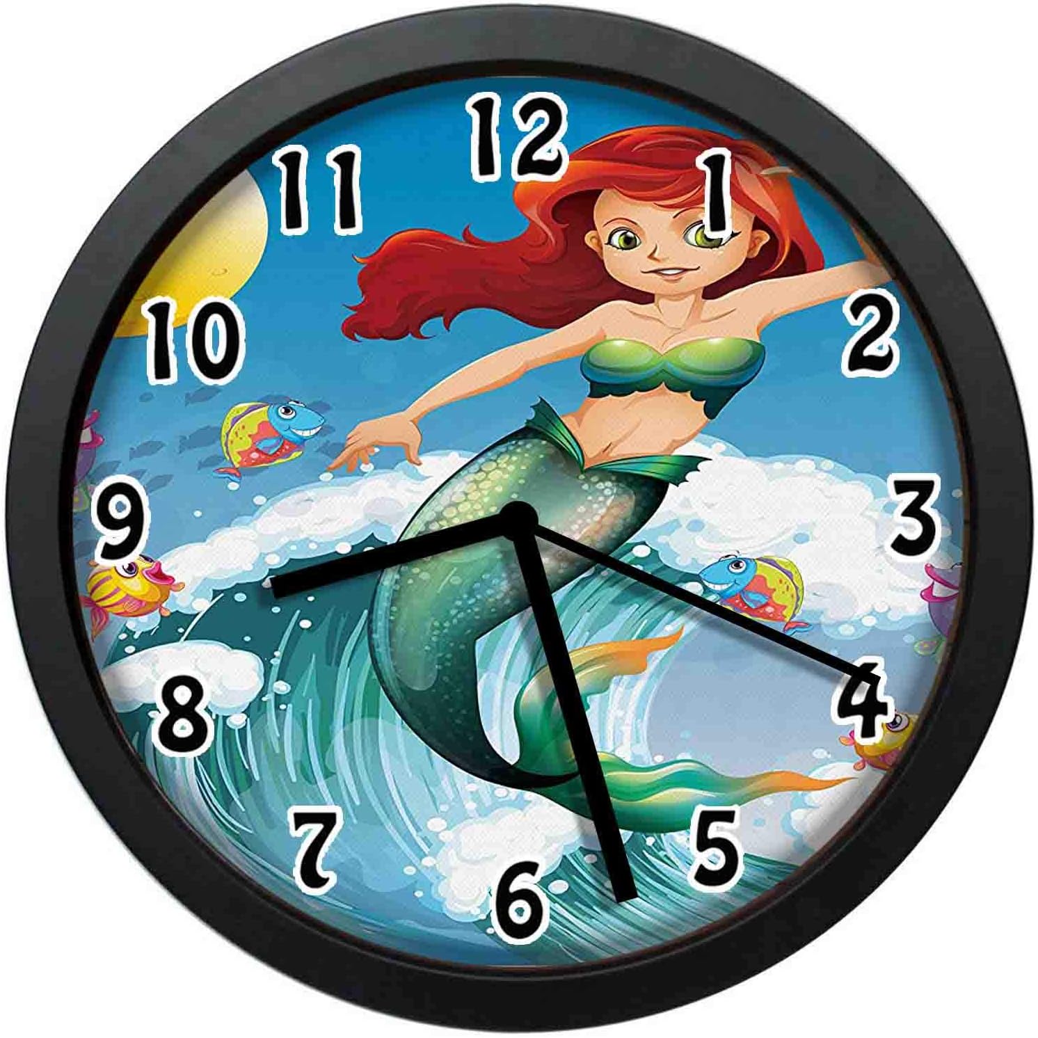 Amazon Co Jp 魚の子供たちとサーフィンで大きな波の上にかわいい人魚のイラスト寝室 居間 事務所などの壁掛け時計 直径24 7cm ホーム キッチン