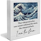 Inspirational Gifts for Women Vintage Home Decor, Ocean Wave Art Wooden Box Sign Keepsake, Girl Power I am the Storm Quote Wood Block Plaque Box Sign for Home Office Desk Decor(5 x 5 Inches)