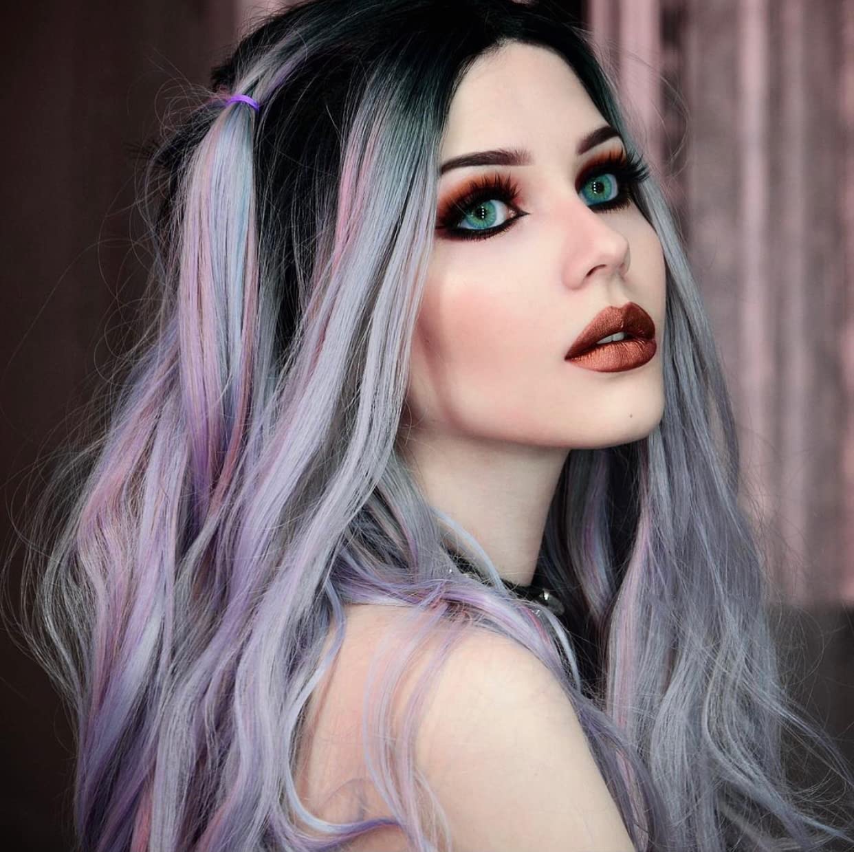 RainaHair 24inch Colorful Wavy Wig Pastel Grey Pink Purple Lace Front Wigs for Women Fashion Hairstyle Synthetic Heat Resistant Fiber Wig Side Part Natural Look