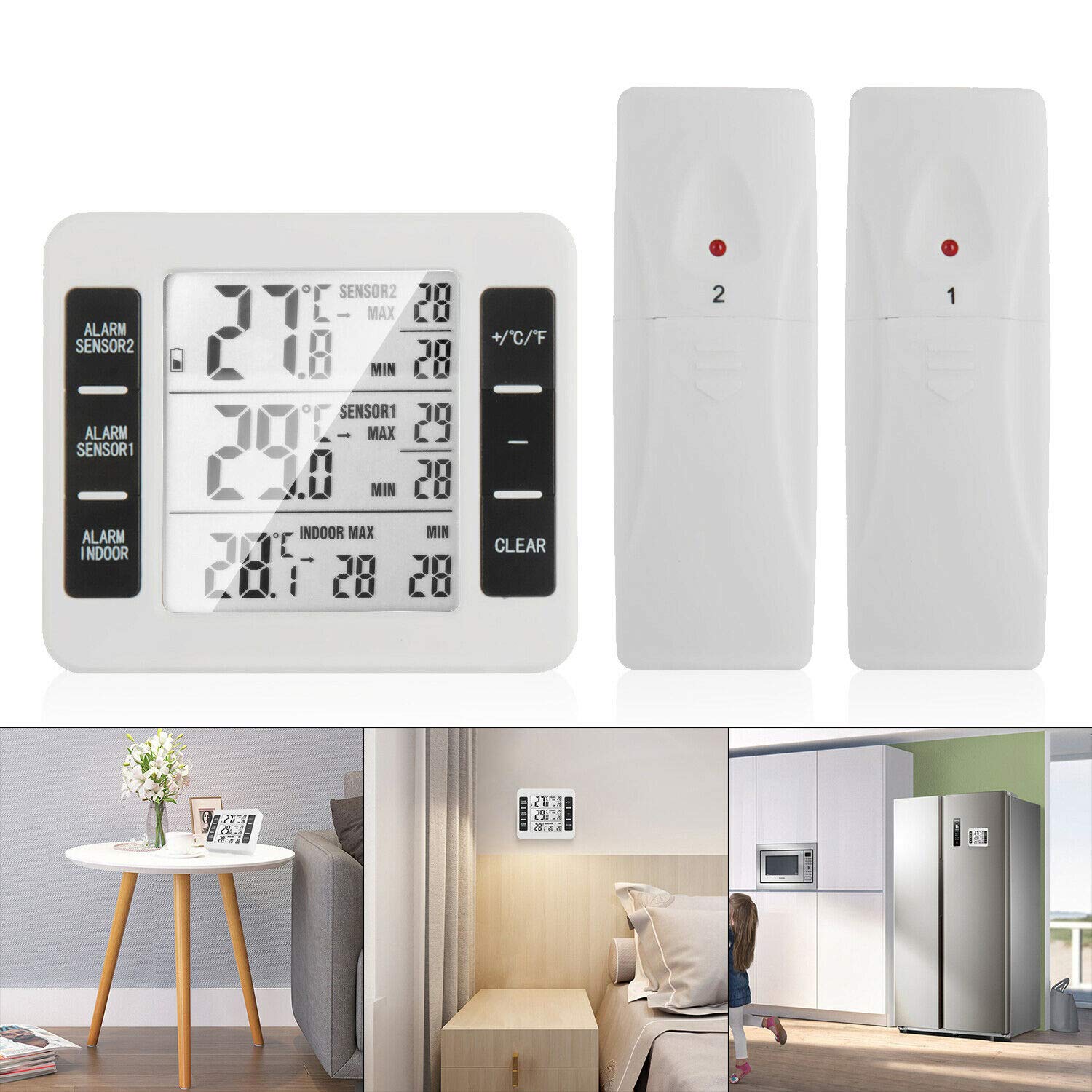 OurLeeme Wireless Digital Thermometers, Refrigerator Thermometer LCD Digital Screen Audible Alarm Freezer Thermometer Waterproof with 2 Wireless Sensor (No hygrometer function)